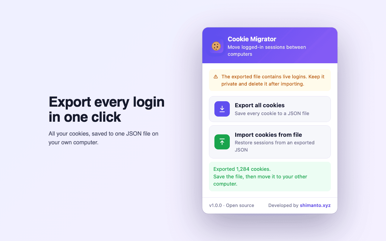 Cookie Migrator popup after exporting 1,284 cookies to a JSON file
