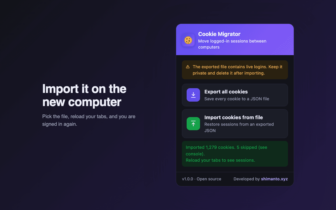 Cookie Migrator popup in dark mode after importing the cookies on a new computer