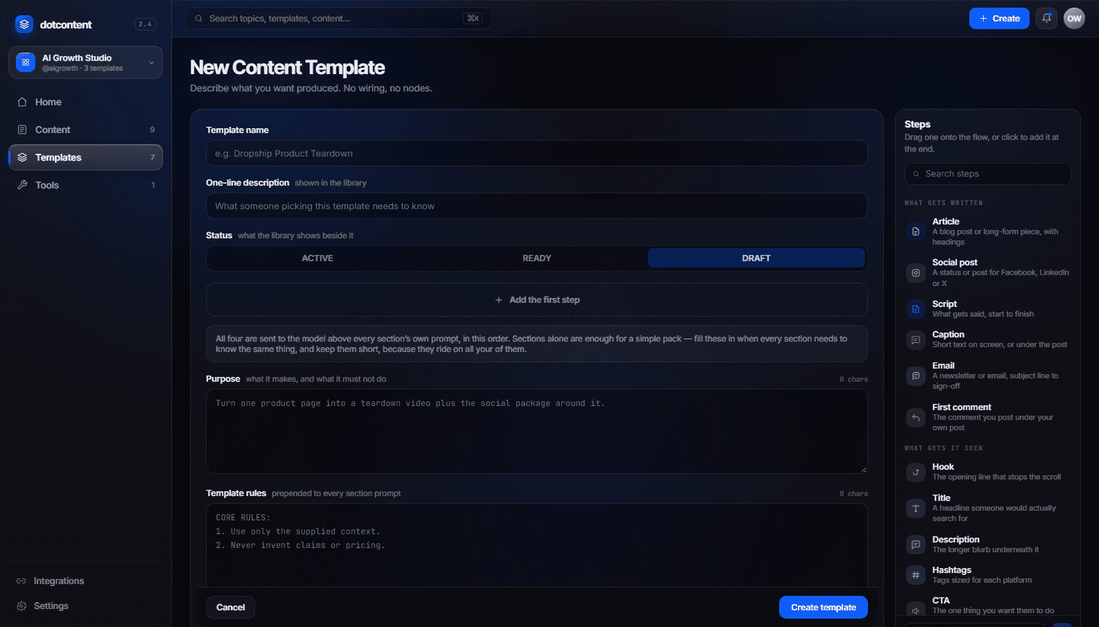 Template builder with steps for article, social post, script, caption, email, first comment, hook, title, description, hashtags and CTA