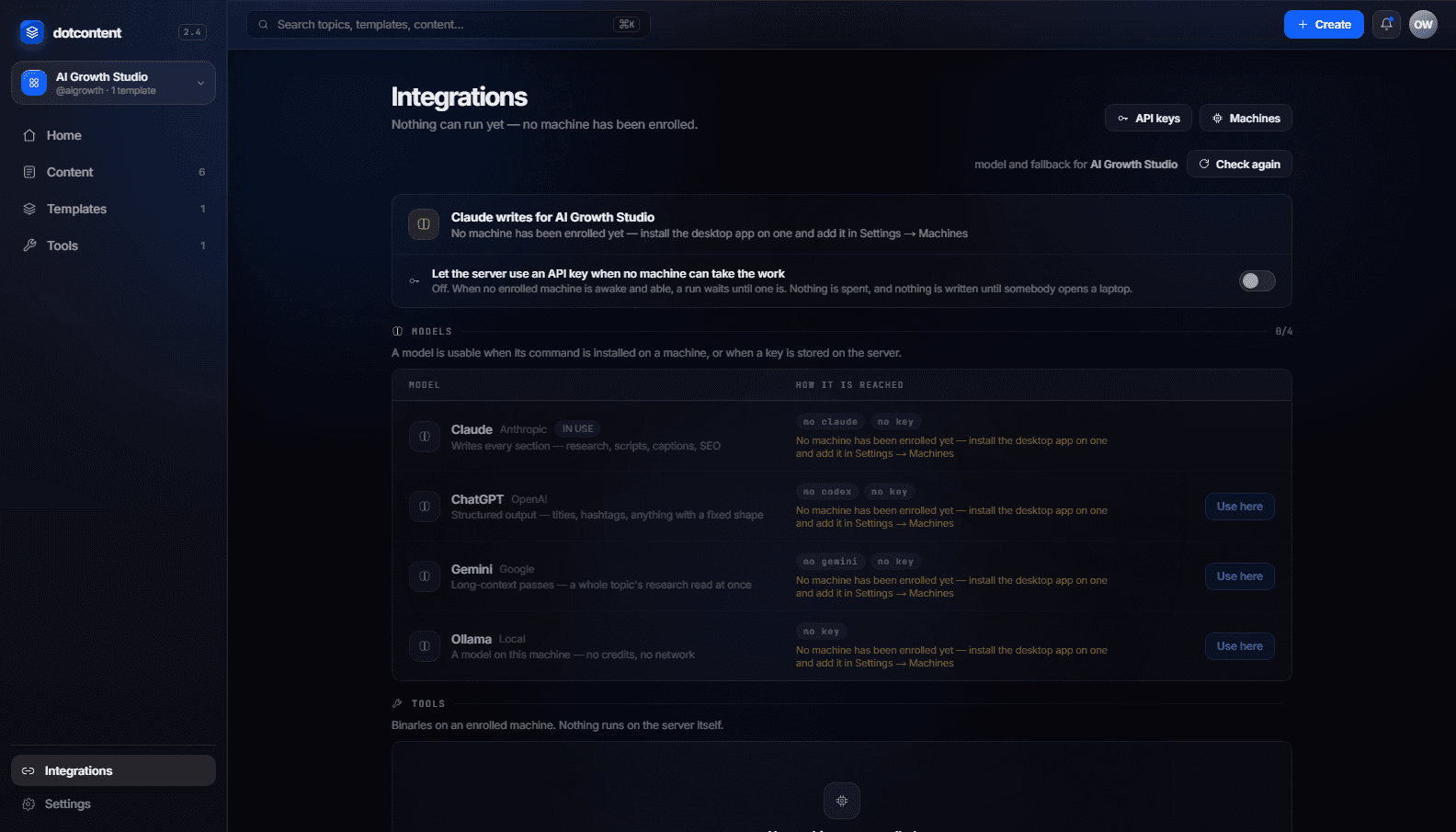 Integrations page listing Claude, ChatGPT, Gemini and Ollama and how each model is reached