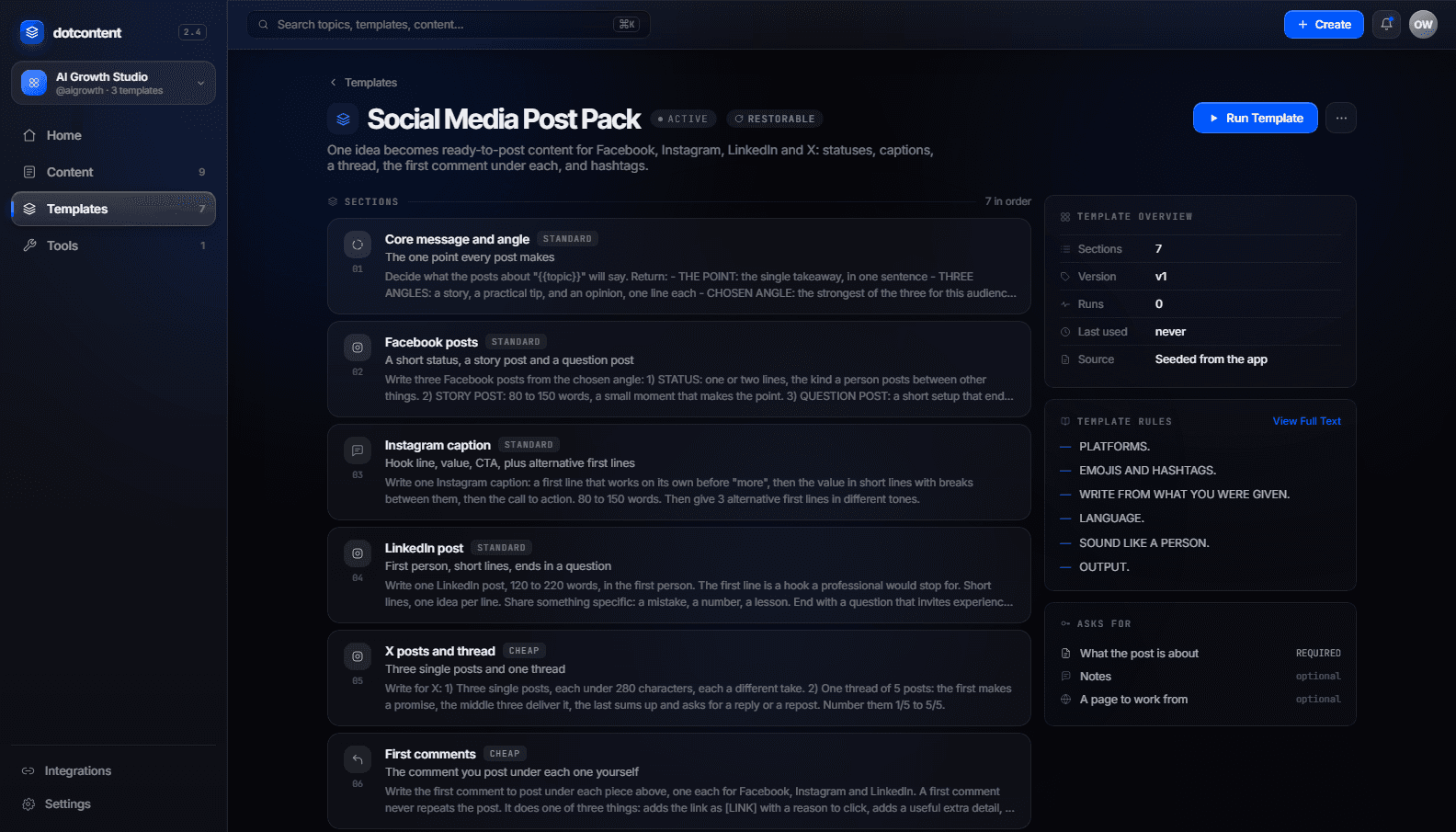Social Media Post Pack template with sections for Facebook posts, Instagram caption, LinkedIn post, X thread, first comments and hashtags