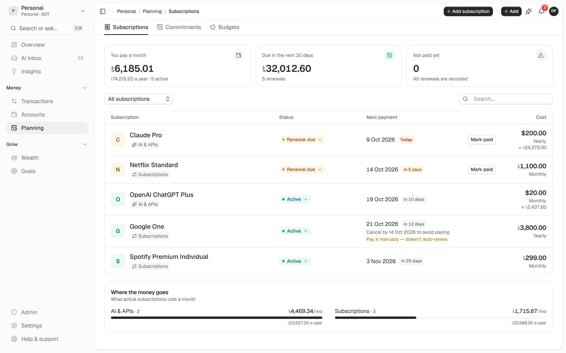 Subscription tracker with the monthly total, renewals due in the next 30 days and a Mark paid button on each