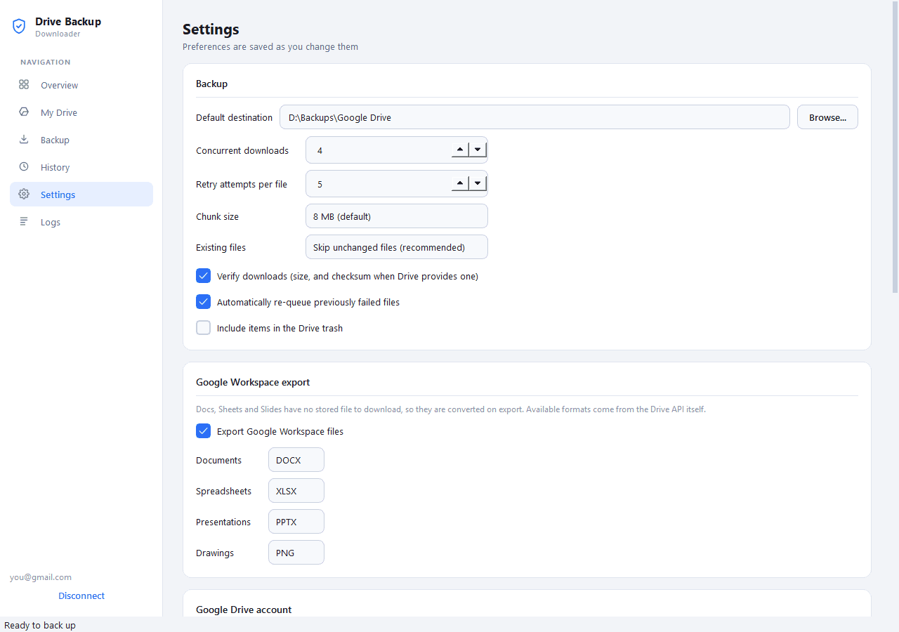 Settings in the light theme: destination, concurrent downloads, retries, chunk size and Google Workspace export formats