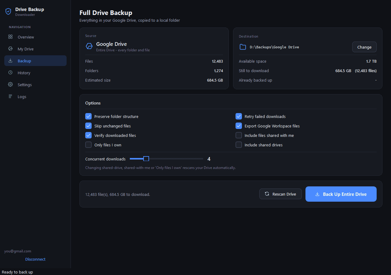 Full Drive Backup setup with the file count, total size, free space on the destination and options like keeping the folder structure