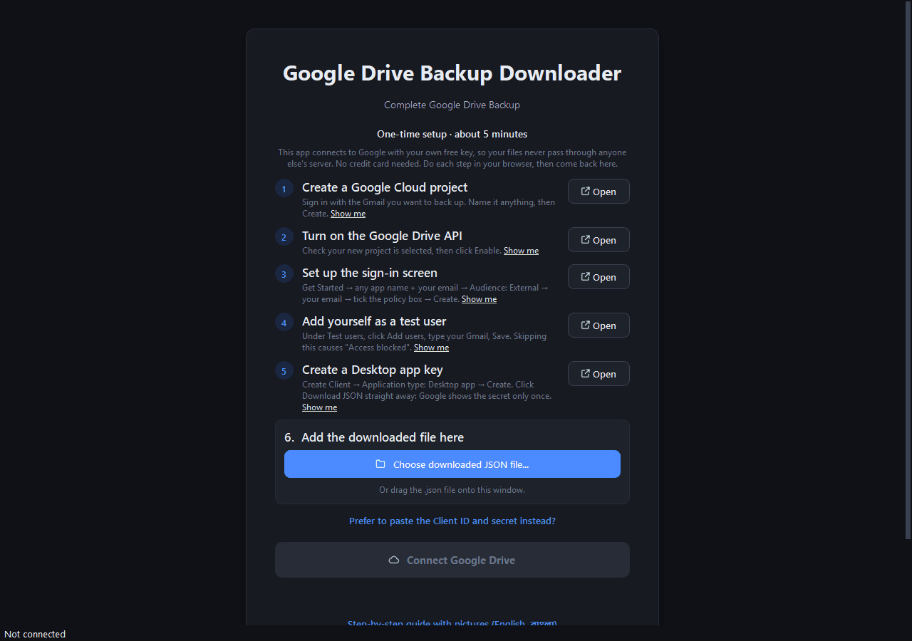 First-run screen walking through the five-minute Google Cloud setup, with an Open button for each step