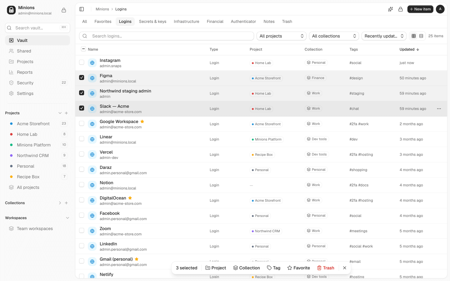 Three logins ticked in the vault with the bulk bar: project, collection, tag, favourite, trash