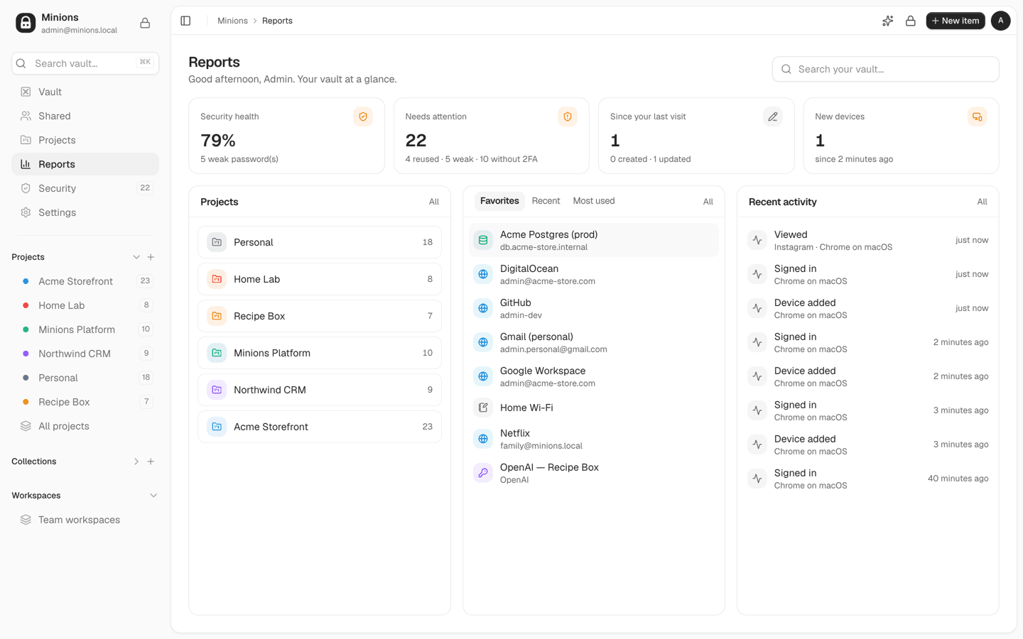 Reports with security health, items that need attention, projects and recent activity