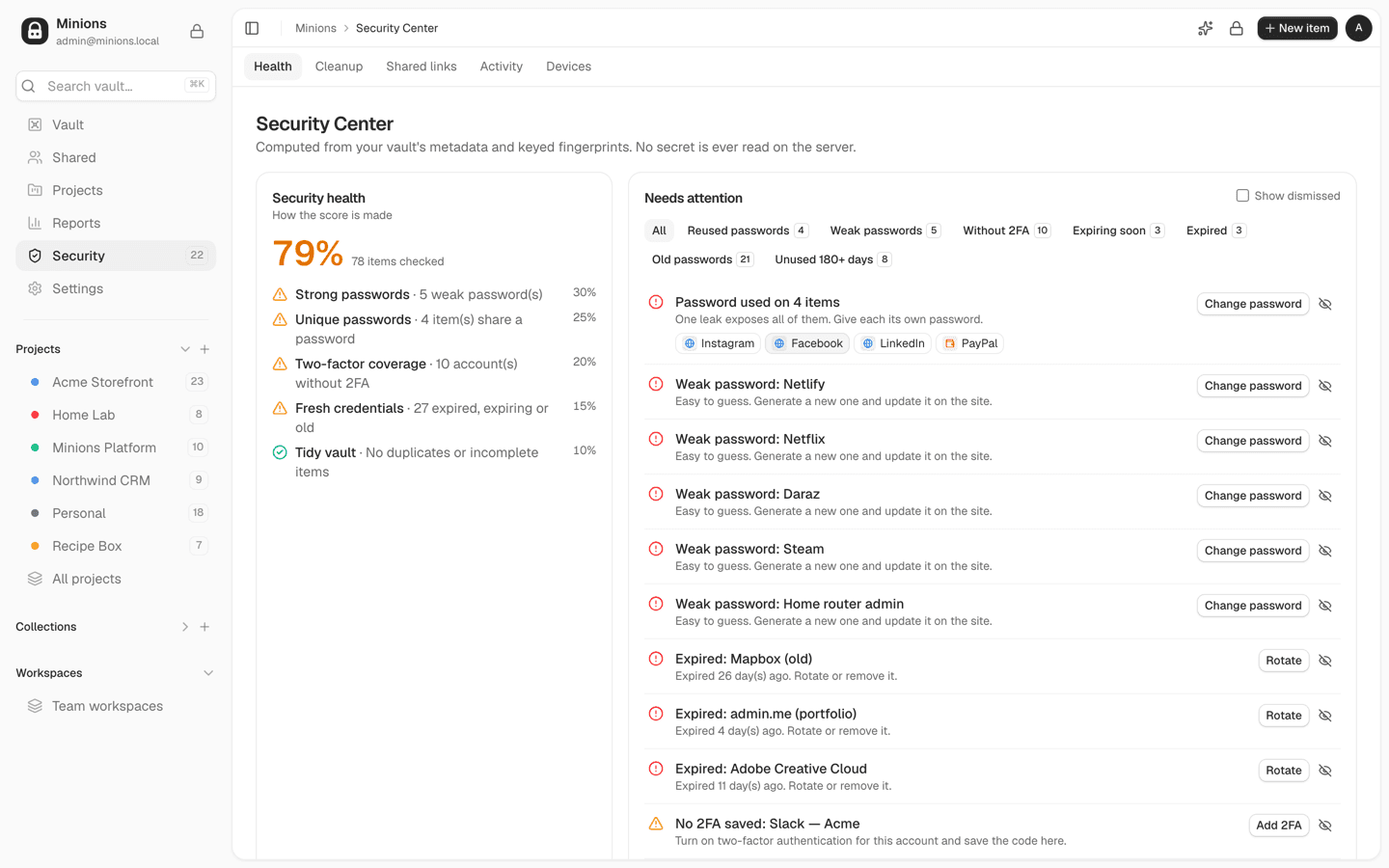 Security Center with a health score and a list of reused, weak and expired passwords