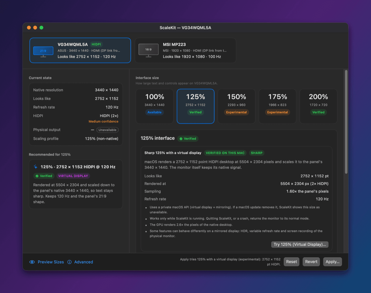 ScaleKit main window: 125% verified on an ASUS 3440 × 1440 ultrawide, looks like 2752 × 1152, HiDPI 2×, 120 Hz