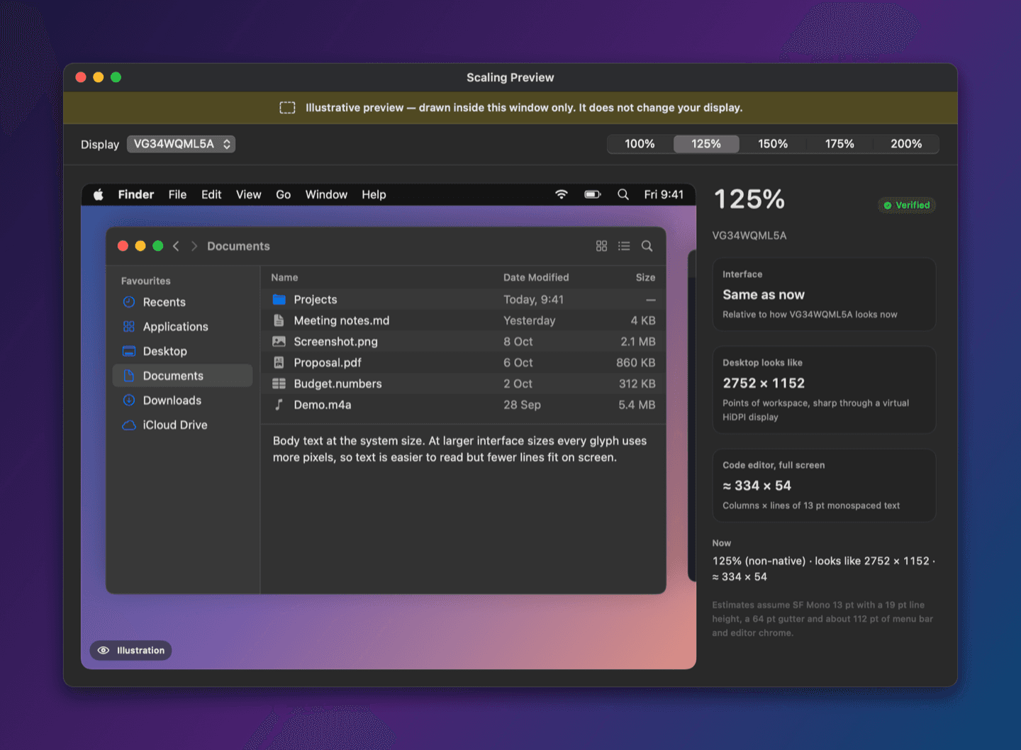 Scaling preview: an illustrative mock-up of the desktop at 125%, drawn in a window without touching the display