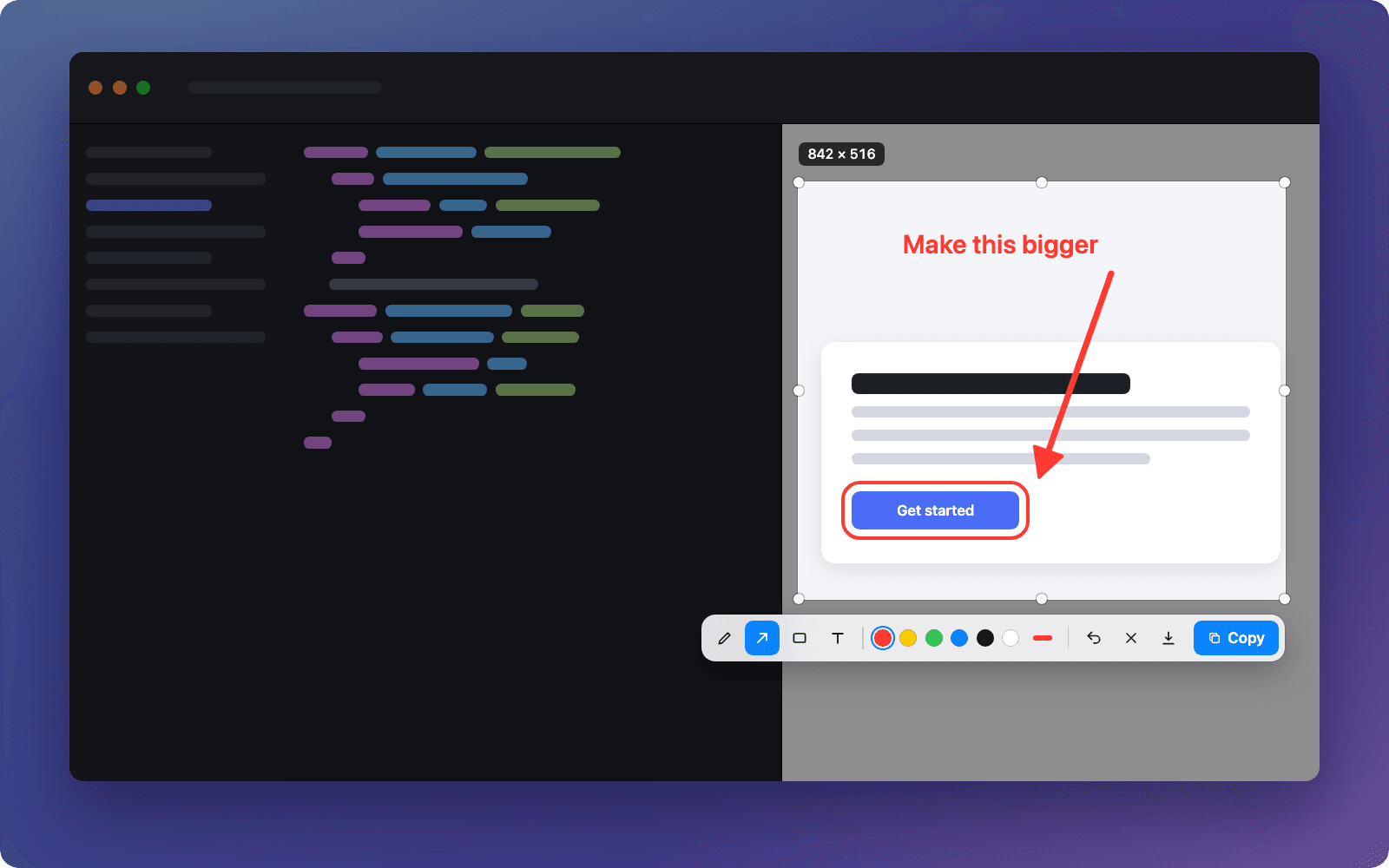 ShotMate capture overlay: a selected area with an arrow, a red box and a text note, and the floating annotation toolbar